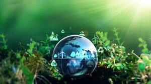 Green energy for clean and sustainable environment. Wind energy used in the industry of factories, machines and technologies. Reducing Co2 emissions and limiting global warming and climate change romania durabila