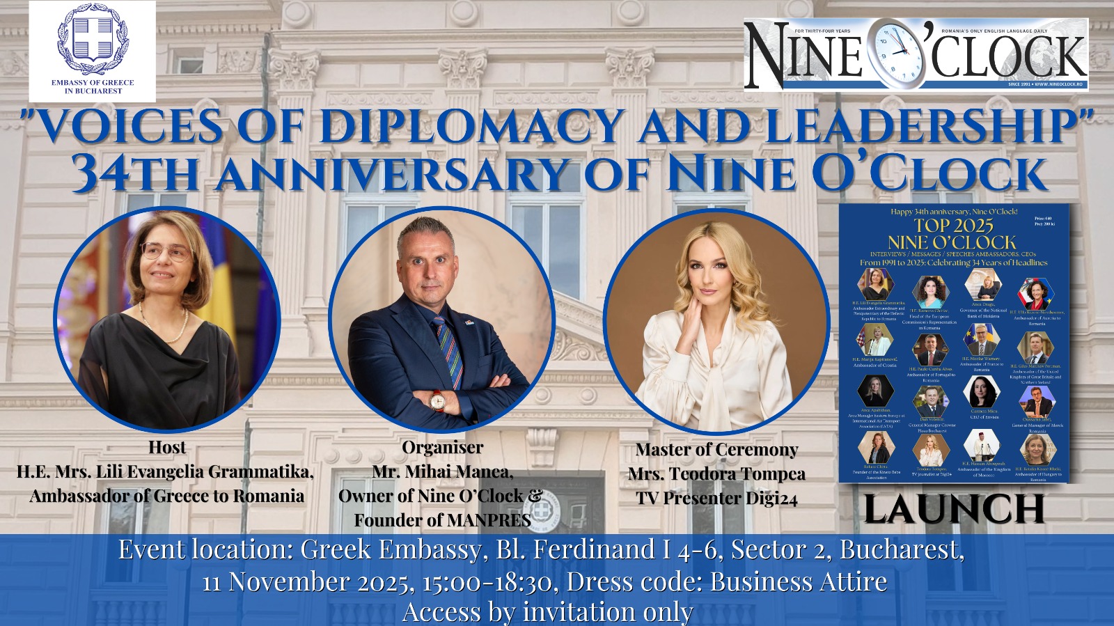 Vocile Diplomației și ale Leadershipului – Nine O’Clock marchează 34 de ani prin lansarea Anuarului „Top Interviews, Messages & Speeches from Ambassadors and CEOs – Ediția a II-a, 2025”