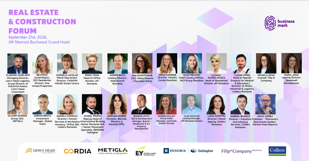 <strong>Real Estate & Construction Forum – 21 septembrie, la București. Peste 20 de lideri din domeniu analizează tendințele, oportunitățile de investiții și strategiile ce vor modela viitorul pieței imobiliare din România</strong>